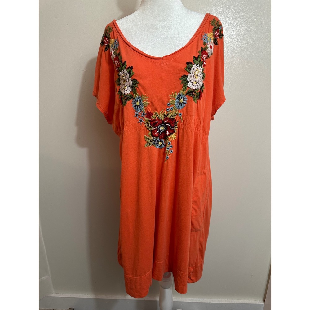 JW Los Angeles Orange Floral Embroidered Cotton Knit V-Neck Mini Dress Pockets